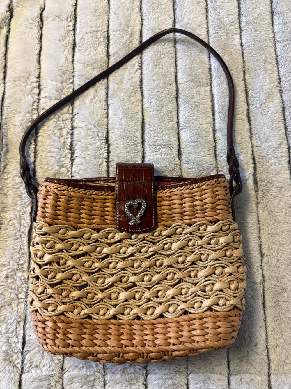 Brighton Woven Straw Shoulder Bag in Brown and Tan with Heart Accent - Picture 1 of 7